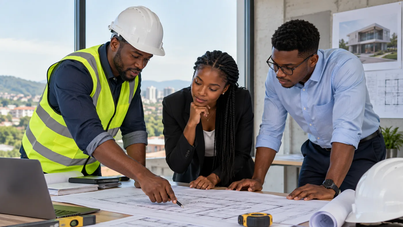 Construction professionals reviewing project plans